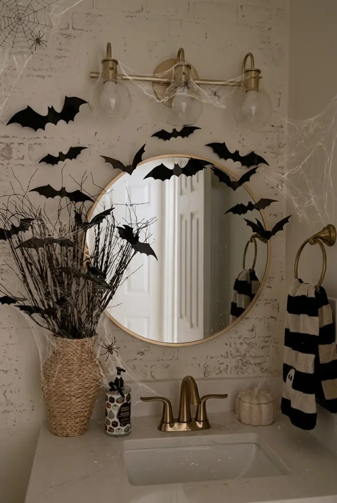 Minimalist Halloween Mirror with Black Bats and Branches