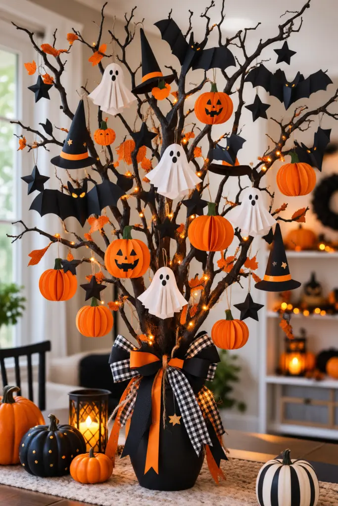 20+ DIY Halloween Tree Decorations Ideas 19 Halloween Tree With Handmade Paper Ornaments