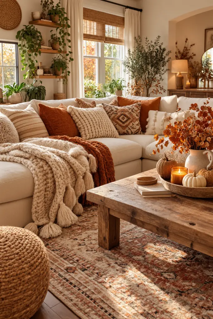 20+ Stunning Fall Boho Living Room Ideas 2 Cozy Boho Fall Living Room With Warm Neutral Textiles
