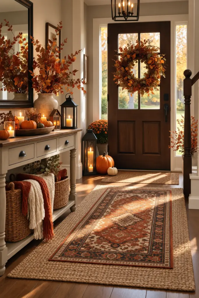 Fall Entryway Decor Ideas (Cozy & Welcoming) 11 Layered Entryway Rug