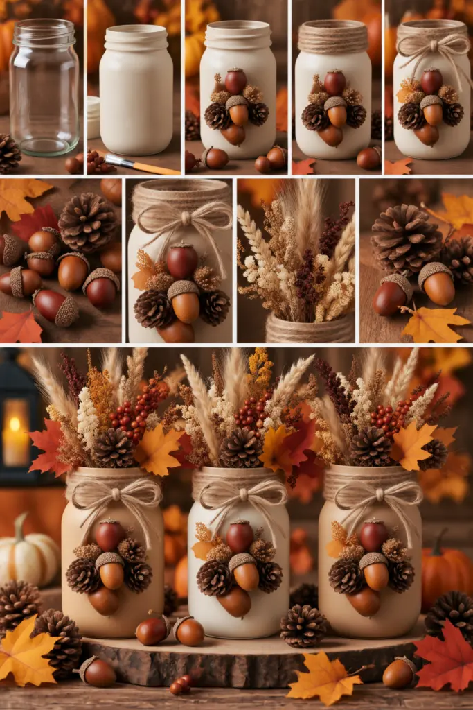 25+ DIY Fall Mason Jar Crafts (Easy Step-by-Step ) 24 Fall Mason Jar Acorn and Pinecone Decor