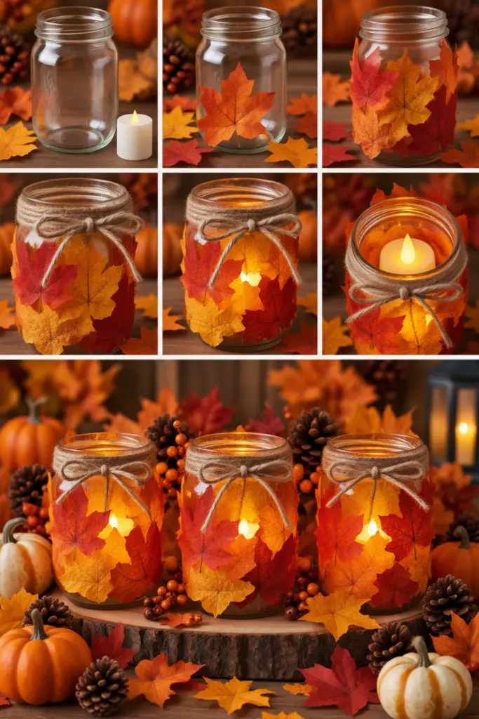 25+ DIY Fall Mason Jar Crafts (Easy Step-by-Step ) 15 Mason Jar Candle Holder With Autumn Leaves