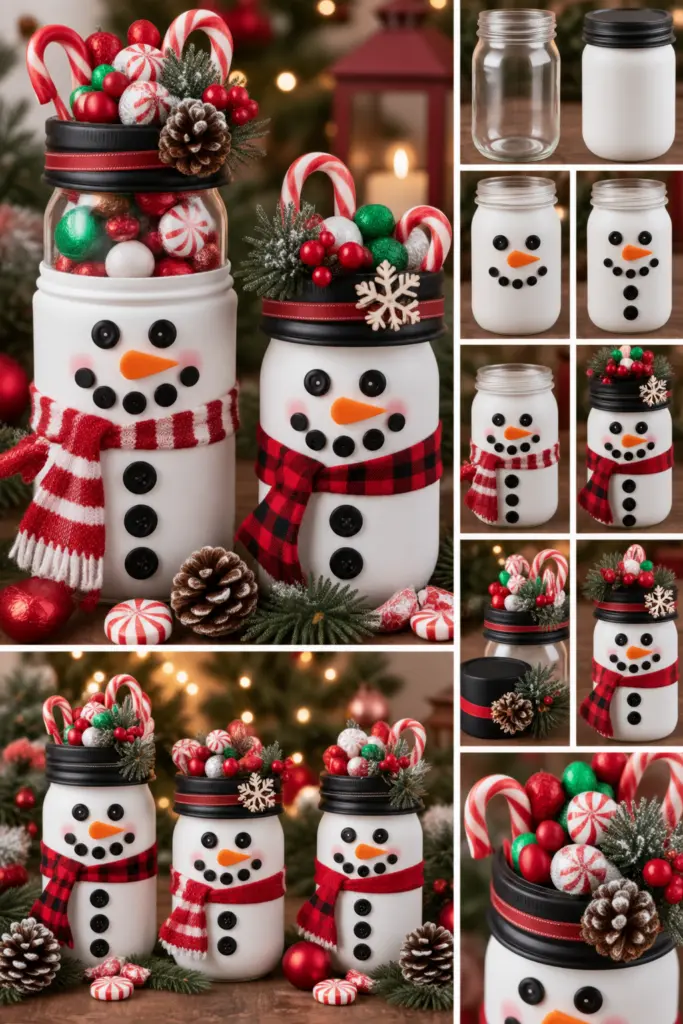 30+ DIY Christmas Mason Jar Crafts for Gifts and Decorations 21 Mason Jar Snowman Candy Holder