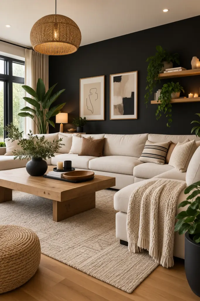 27+ Black Accent Wall living room Ideas and Designs 2 Matte Black Accent Wall living room With Creamy Furniture