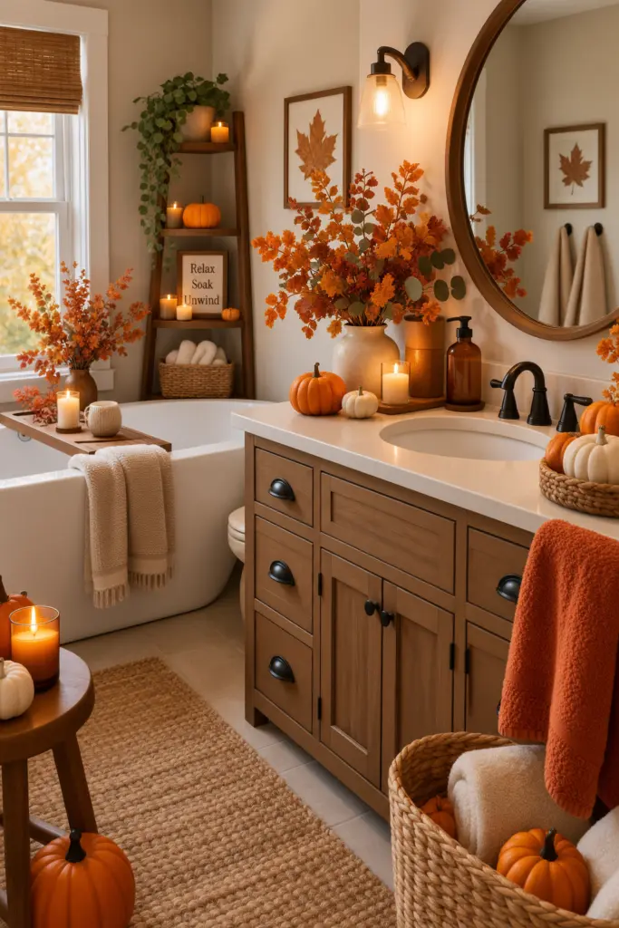 20+ Cozy Fall Bathroom Decor Ideas 3 Fall Bathroom Decor with Mini Pumpkins