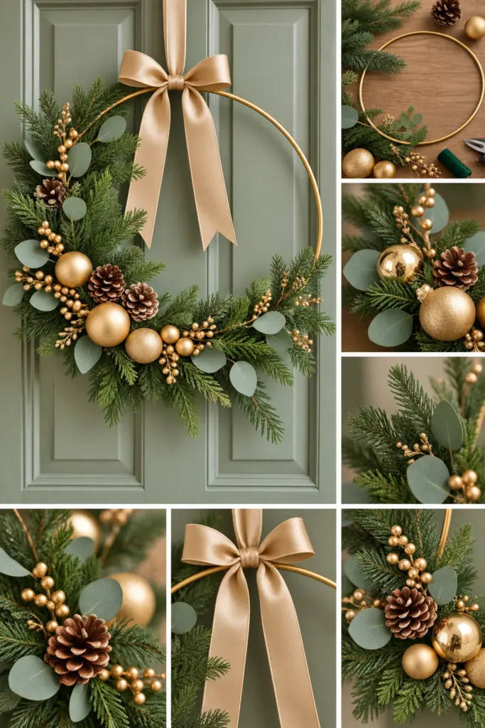 30+ DIY Christmas Wreath Ideas 9 Modern Gold Hoop Christmas Wreath Collage