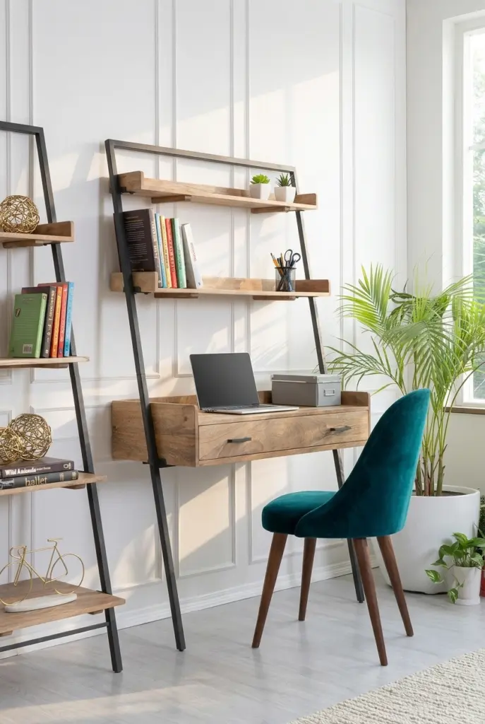 Modern Study Area with a Wooden Ladder Desk and Plants