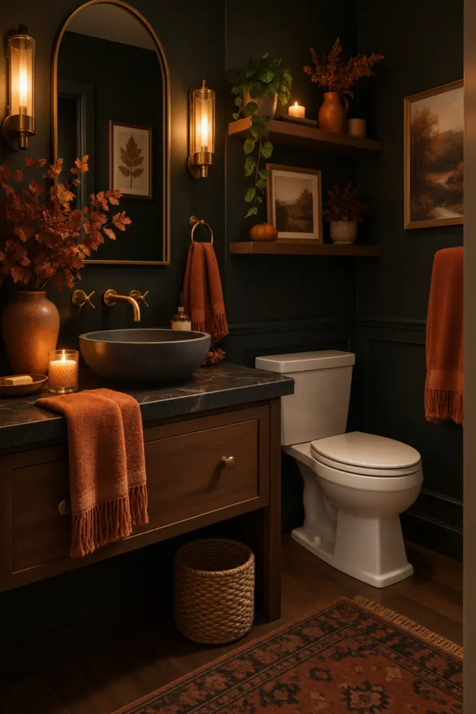 30+ Moody Bathroom Ideas for 2027 23 Moody Autumn Brass Bathroom Retreat