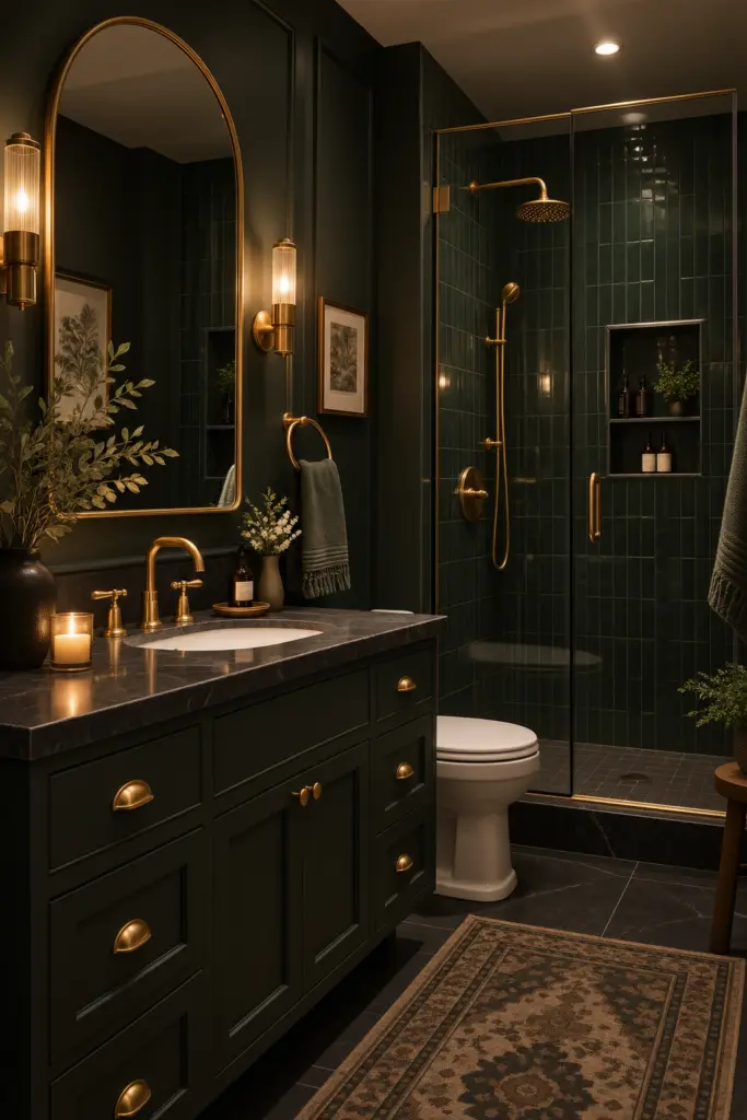 30+ Moody Bathroom Ideas for 2027 7 Moody Bathroom with Add Aged Brass Hardware