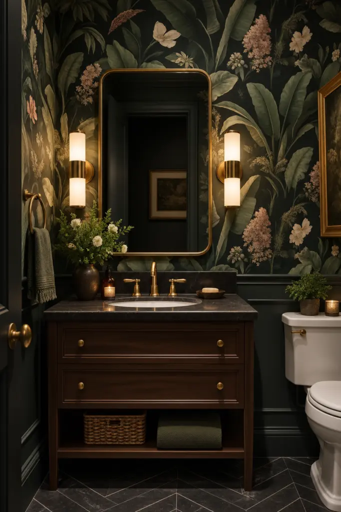 30+ Moody Bathroom Ideas for 2027 4 Moody Bathroom with Botanical Wallpaper