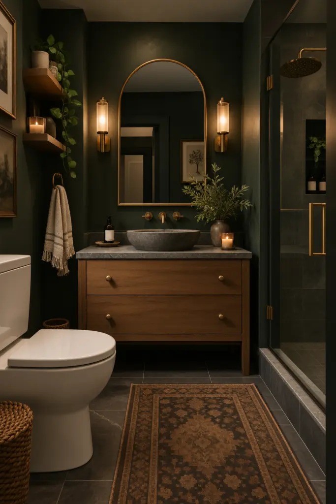 30+ Moody Bathroom Ideas for 2027 14 Moody Bathroom with Dark Walls and Warm Wood