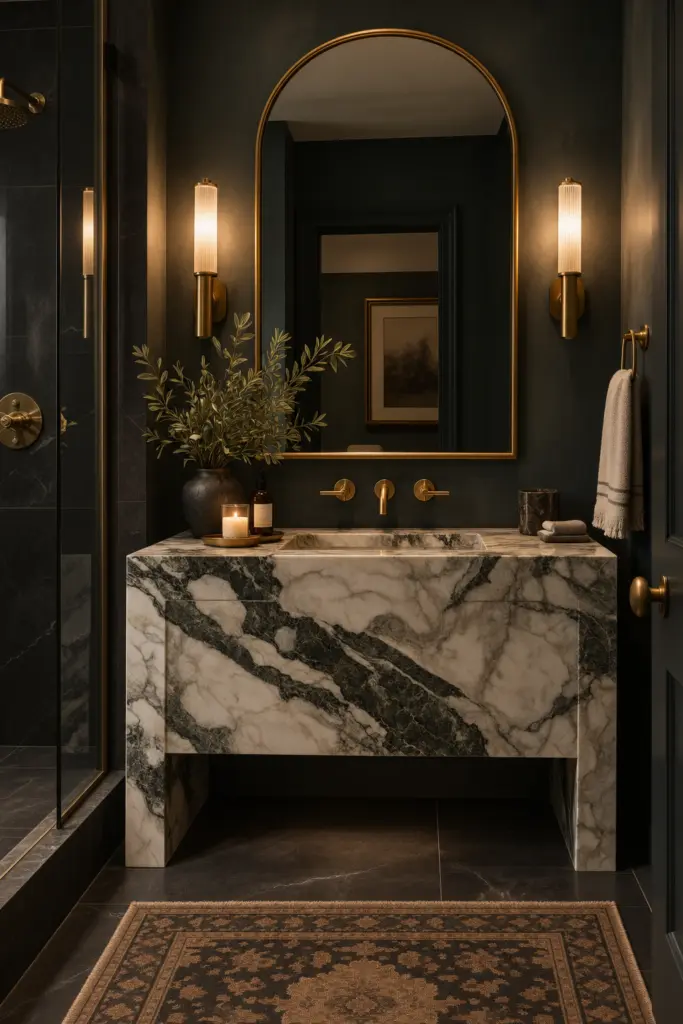 30+ Moody Bathroom Ideas for 2027 11 Moody Bathroom with Dramatic Stone Vanity