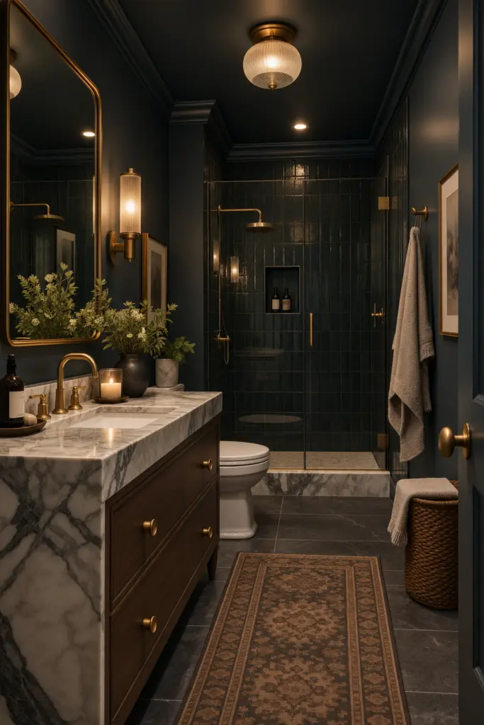 30+ Moody Bathroom Ideas for 2027 13 Moody Charcoal Bathroom with Brass Accents