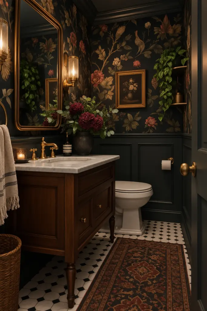 30+ Moody Bathroom Ideas for 2027 16 Moody Botanical Vintage Powder Room