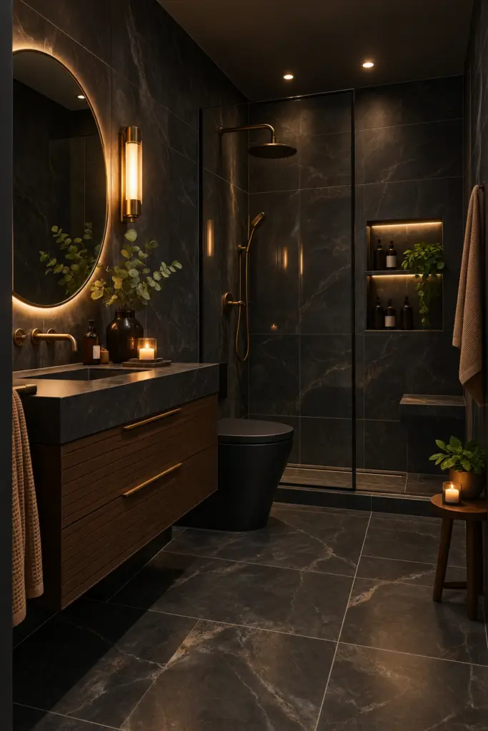 30+ Moody Bathroom Ideas for 2027 19 Moody Charcoal Marble Spa Bathroom