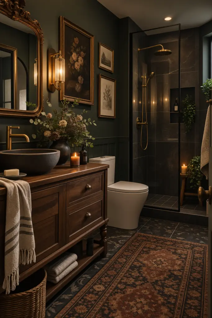 30+ Moody Bathroom Ideas for 2027 20 Moody Vintage Brass Bathroom Retreat