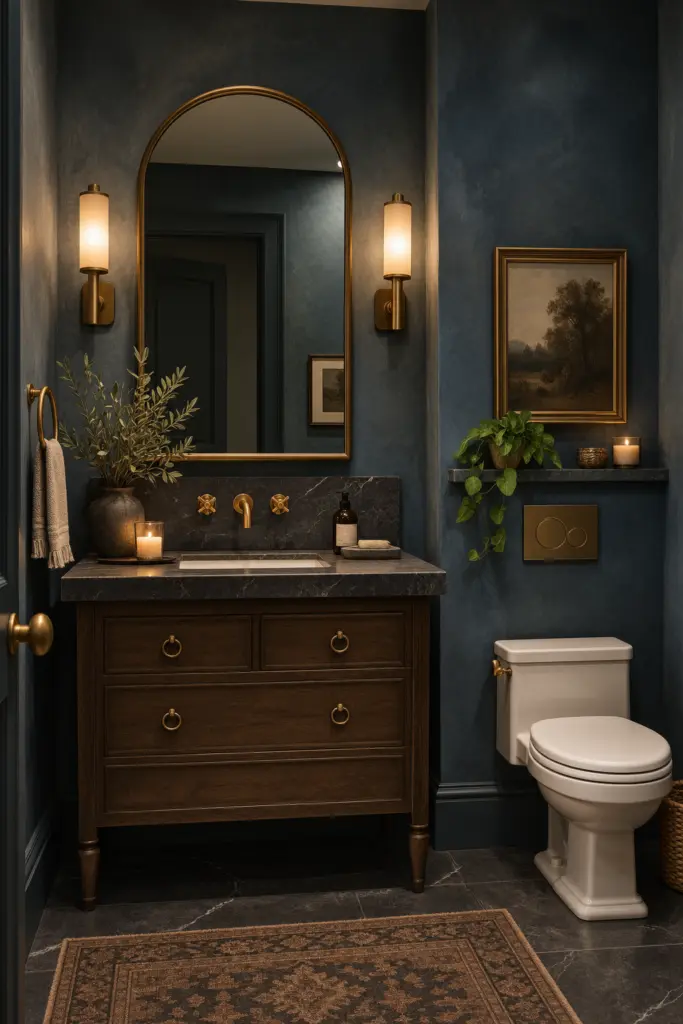 30+ Moody Bathroom Ideas for 2027 10 Moody Blue-Grey Powder Room