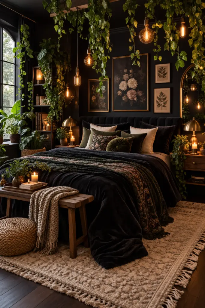 Black Bedroom With Greenery