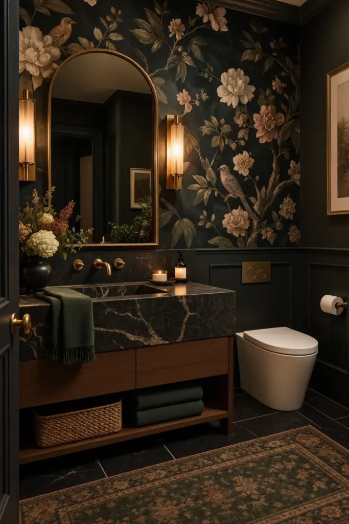 30+ Moody Bathroom Ideas for 2027 21 Moody Botanical Luxe Powder Room