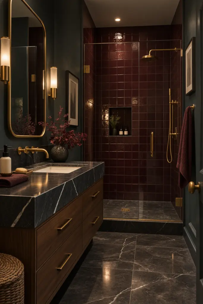 30+ Moody Bathroom Ideas for 2027 9 Mix Matte and Glossy Surfaces