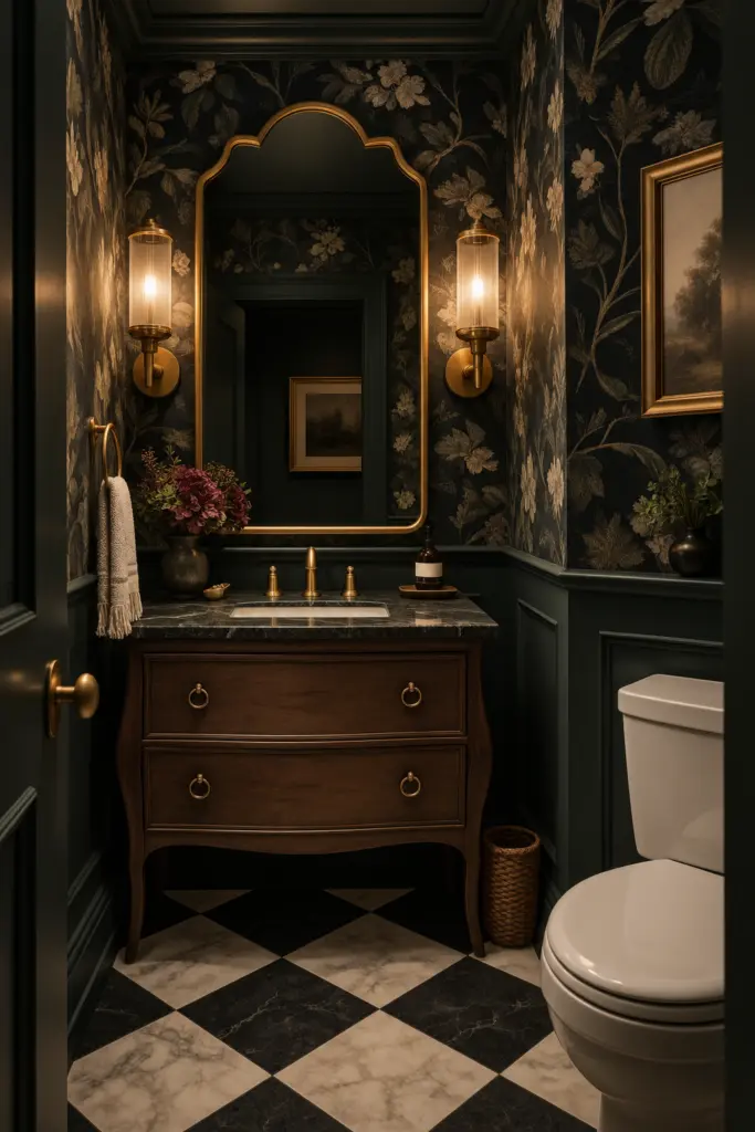 30+ Moody Bathroom Ideas for 2027 12 Moody Gold-Accented Botanical Powder Room