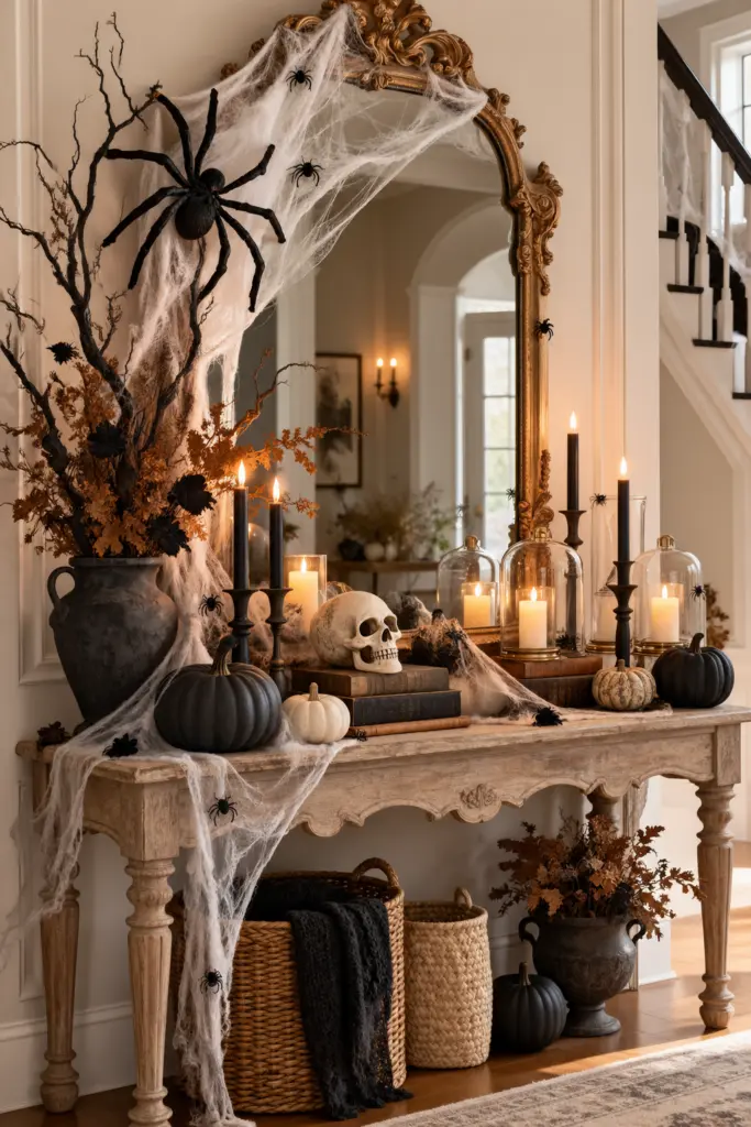 25+ Spooky Halloween Entryway Decor Ideas 5 Spiderwebs to a Decorative Mirror