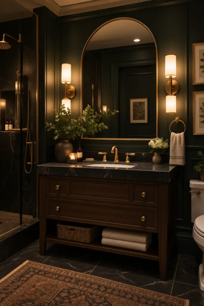 30+ Moody Bathroom Ideas for 2027 6 Moody Luxe Bathroom with Brass Accents