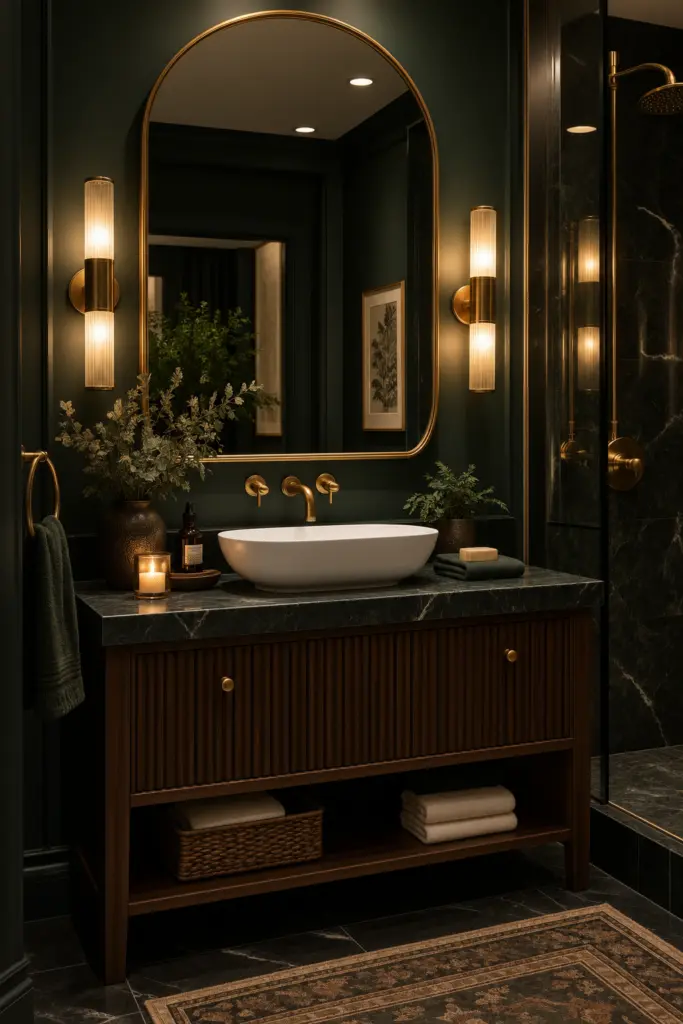 30+ Moody Bathroom Ideas for 2027 5 Moody Luxe Brass and Marble Bathroom