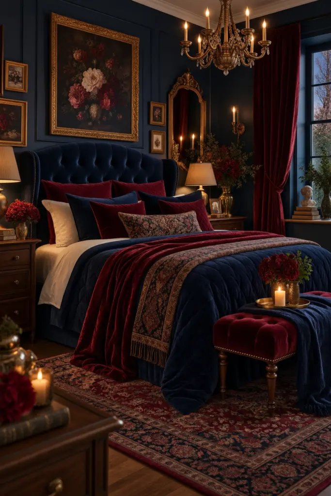 Moody Navy and Burgundy Bedroom