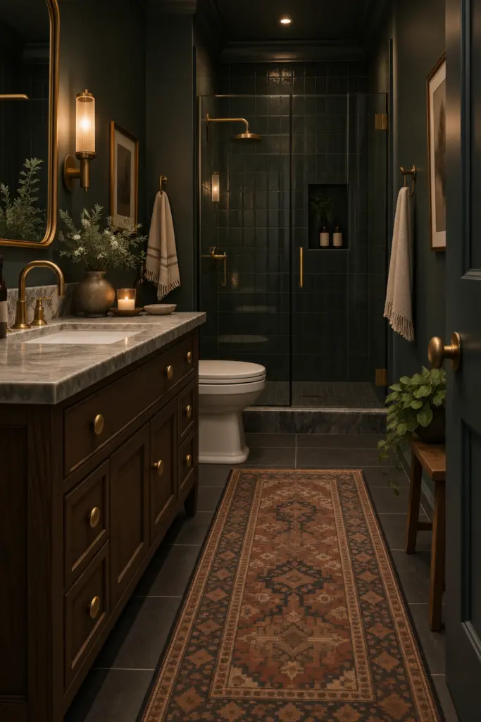 30+ Moody Bathroom Ideas for 2027 15 Moody Vintage-Luxe Bathroom Retreat
