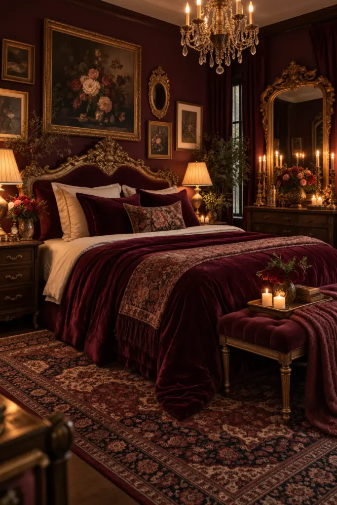 Opulent moody romantic bedroom