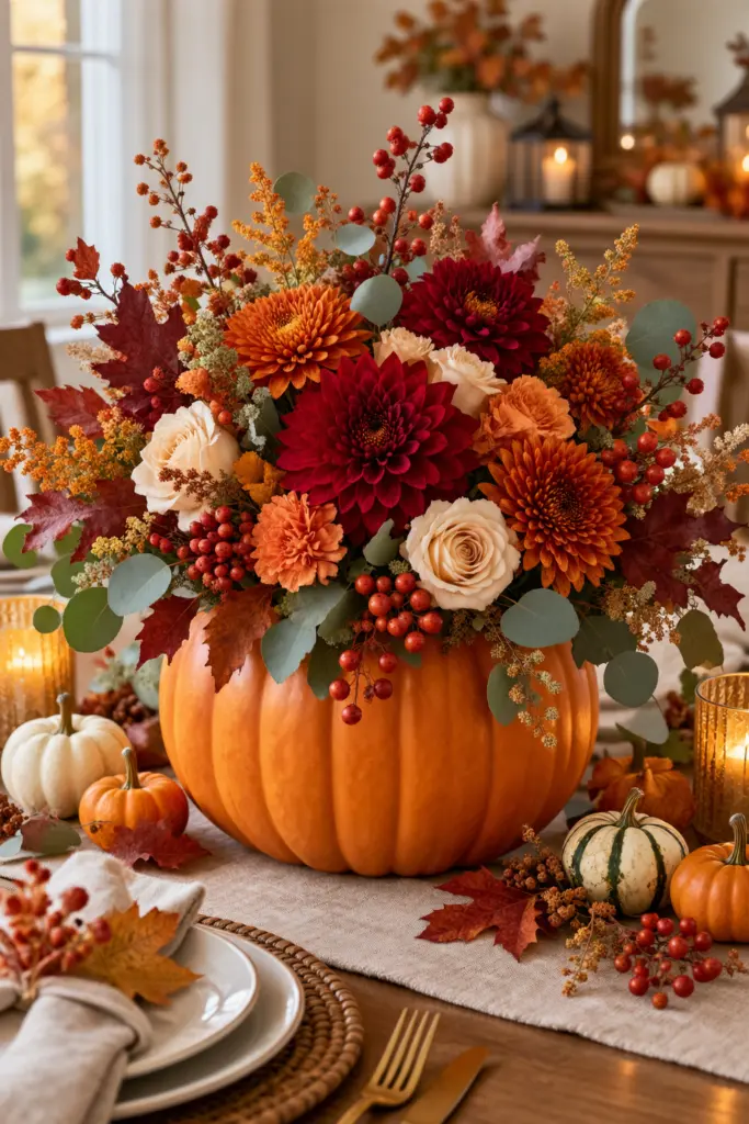 How to Make Pumpkin Centerpieces 4 Orange Pumpkin With Burgundy Flowers