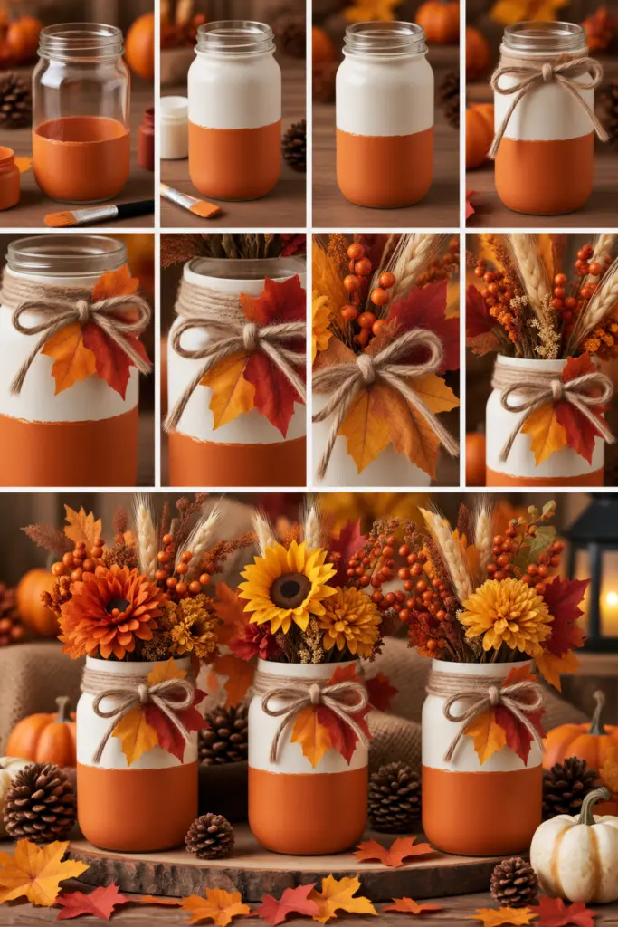 25+ DIY Fall Mason Jar Crafts (Easy Step-by-Step ) 17 Orange and Cream Fall Mason Jars