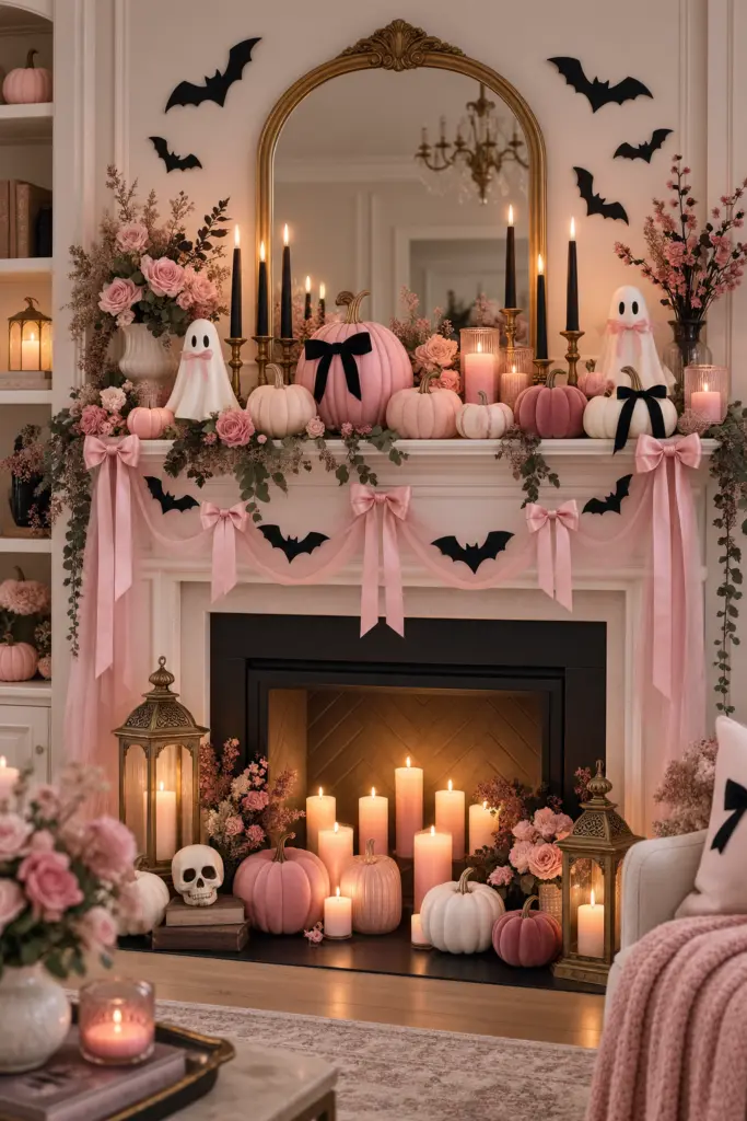 15+ Spooky & Cute Coquette Halloween Decor Ideas 3 Mantel with coquette Halloween decor