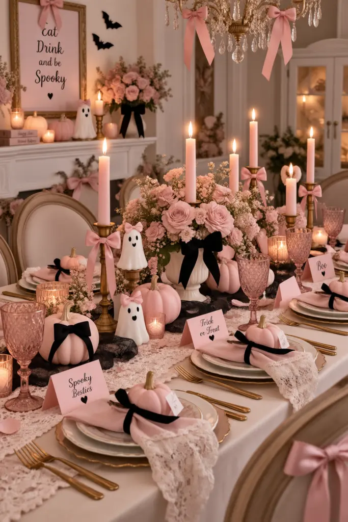 15+ Spooky & Cute Coquette Halloween Decor Ideas 14 Coquette Halloween Dining Table