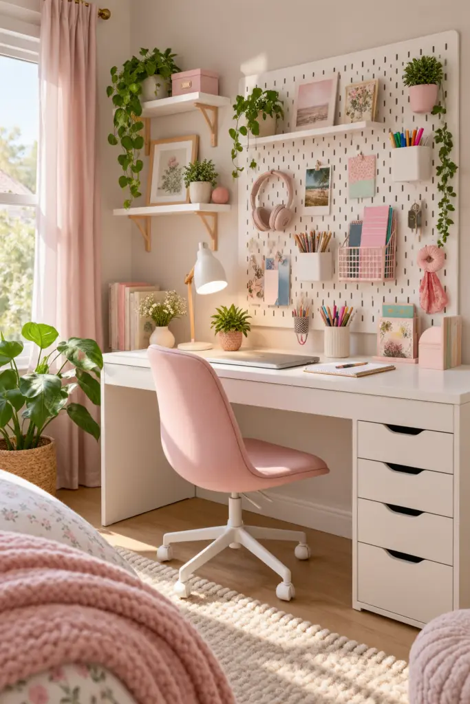 aesthetic teenage bedroom study area