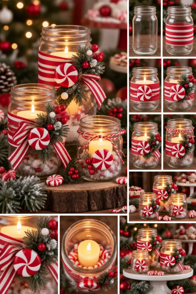 30+ DIY Christmas Mason Jar Crafts for Gifts and Decorations 20 Peppermint Mason Jar Candle