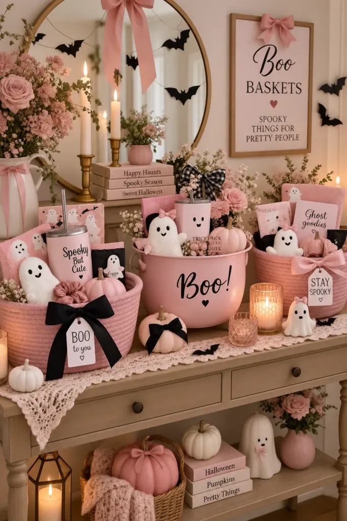 15+ Spooky & Cute Coquette Halloween Decor Ideas 12 Pretty Halloween Boo Basket Display