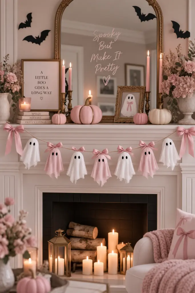 15+ Spooky & Cute Coquette Halloween Decor Ideas 7 Pink Ghost Garland
