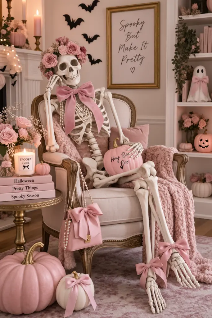 15+ Spooky & Cute Coquette Halloween Decor Ideas 10 Pretty in Pink Halloween Skeleton