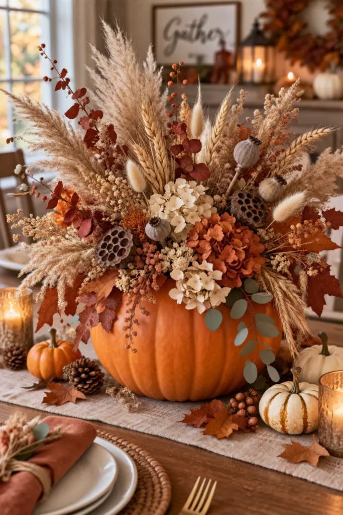 How to Make Pumpkin Centerpieces 14 Pumpkin With Dried Flowers