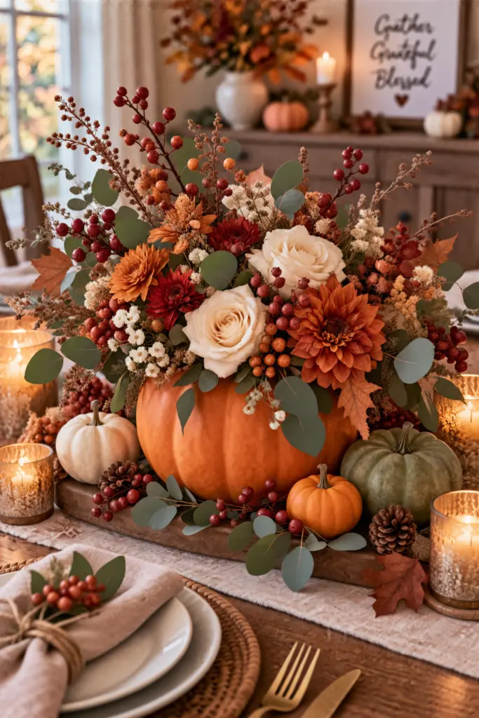 How to Make Pumpkin Centerpieces 20 Pumpkin and Berry Centerpiece