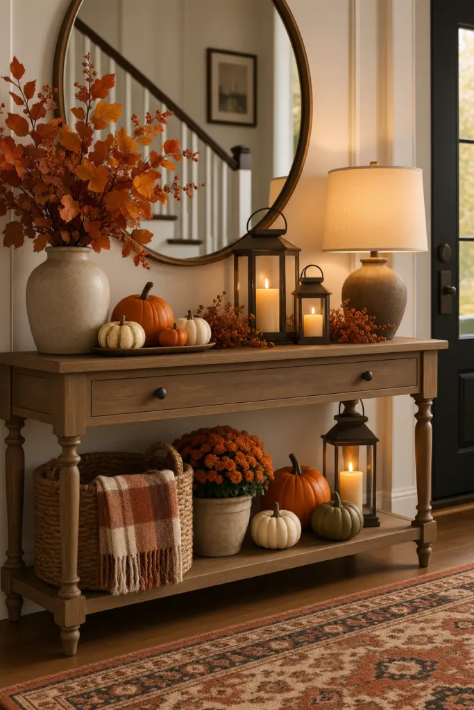 Fall Entryway Decor Ideas (Cozy & Welcoming) 21 Pumpkin-and-Lantern Display