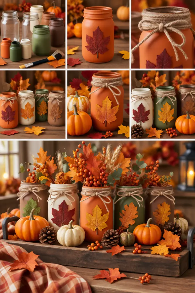25+ DIY Fall Mason Jar Crafts (Easy Step-by-Step ) 10 Pumpkin and Leaf Mason Jar Display