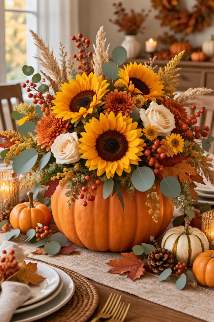 How to Make Pumpkin Centerpieces 6 Pumpkin and Sunflower Centerpiece