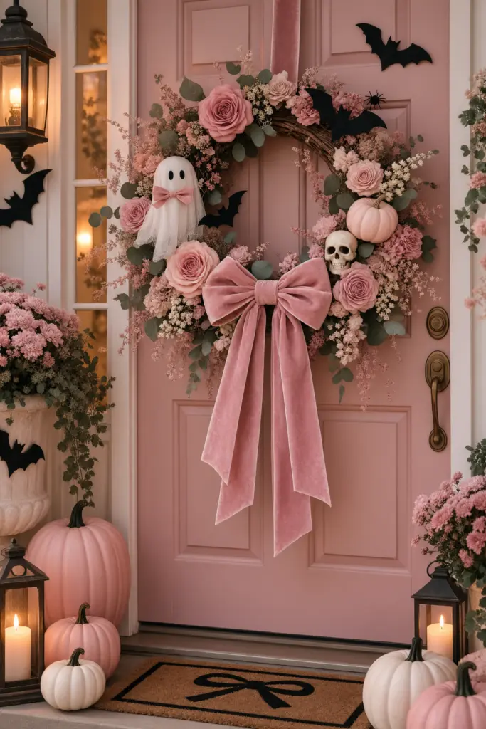 15+ Spooky & Cute Coquette Halloween Decor Ideas 4 Romantic Pink Halloween Wreath Door