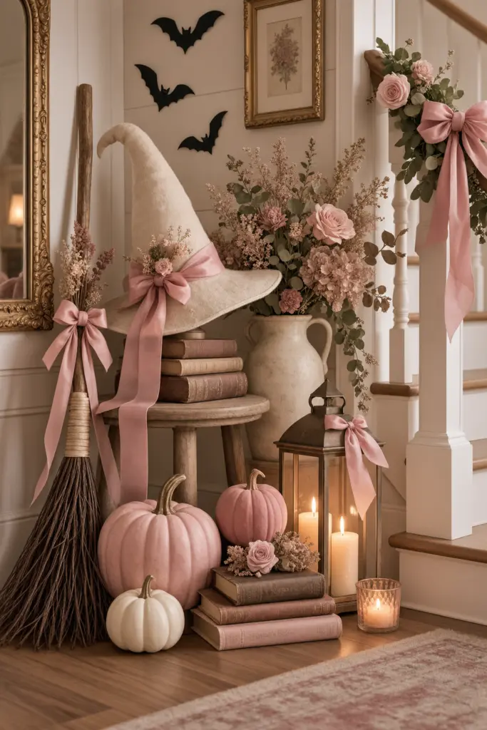 15+ Spooky & Cute Coquette Halloween Decor Ideas 6 Coquette Witch Hat Corner