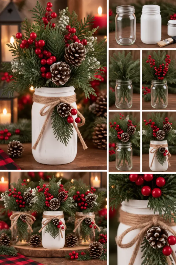 30+ DIY Christmas Mason Jar Crafts for Gifts and Decorations 26 Rustic Berry Mason Jar Vase
