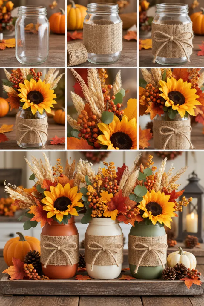 25+ DIY Fall Mason Jar Crafts (Easy Step-by-Step ) 4 Rustic Fall Flower Mason Jar Vases