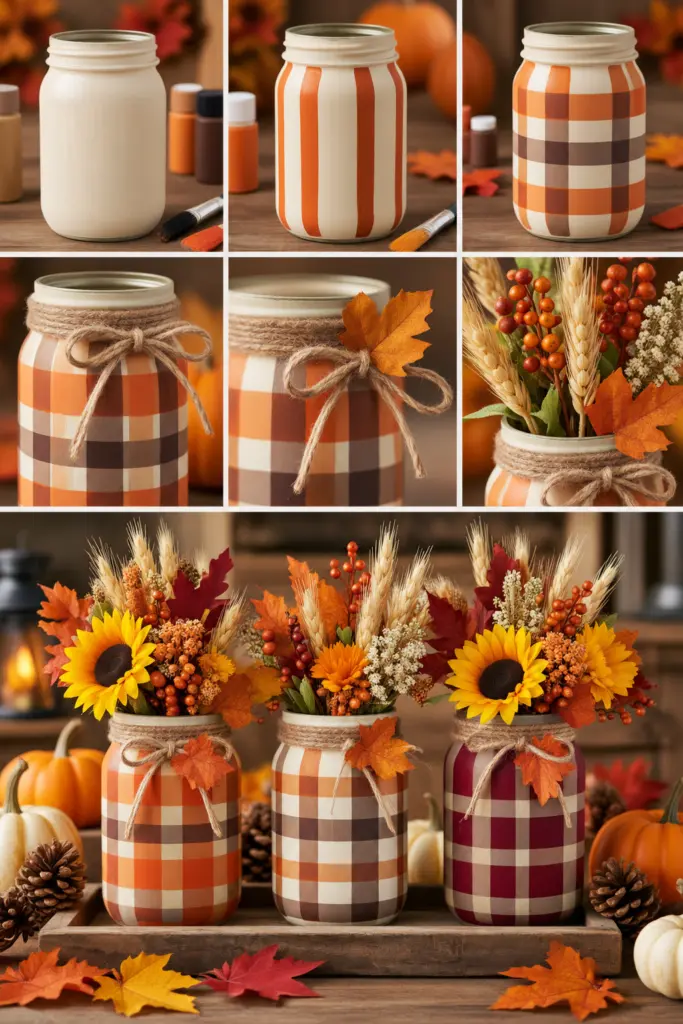 25+ DIY Fall Mason Jar Crafts (Easy Step-by-Step ) 7 Fall Plaid Mason Jar Vase